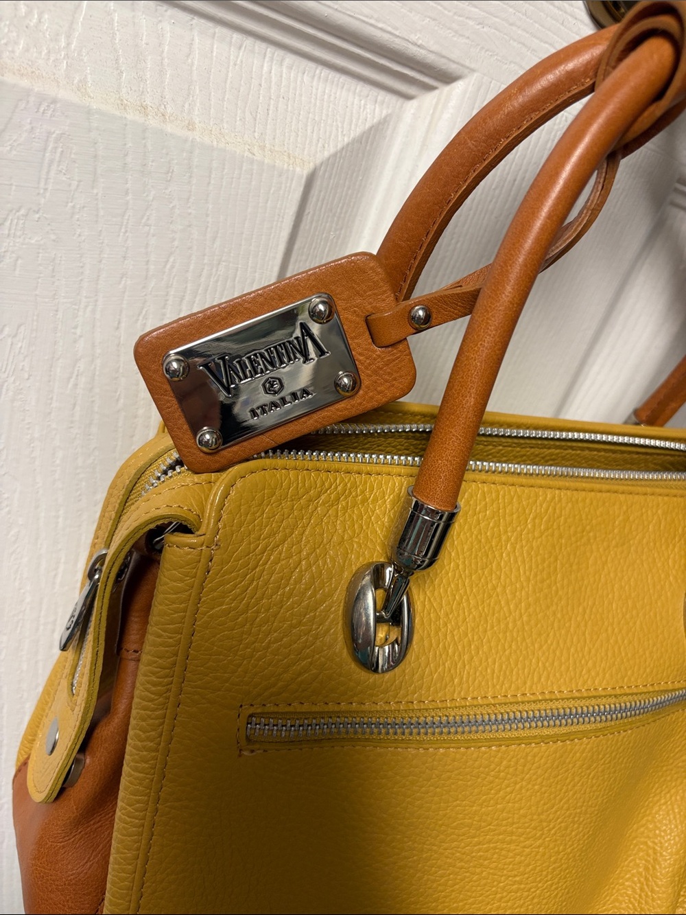 Valentina Yellow Leather Tote with Tan Handles
